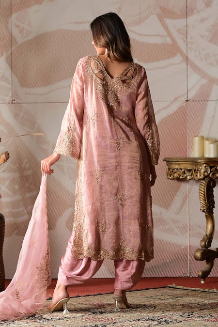 Farha Syed_Pink Chanderi, Modal, Silk, Organza Cut Work Embroidered Kurta And Dhoti Pant Set _Online_at_Aza_Fashions