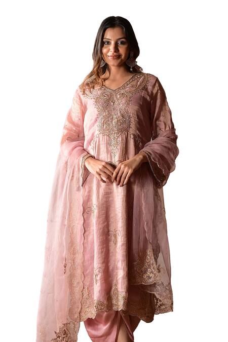 Buy_Farha Syed_Pink Chanderi, Modal, Silk, Organza Cut Work Embroidered Kurta And Dhoti Pant Set _Online_at_Aza_Fashions