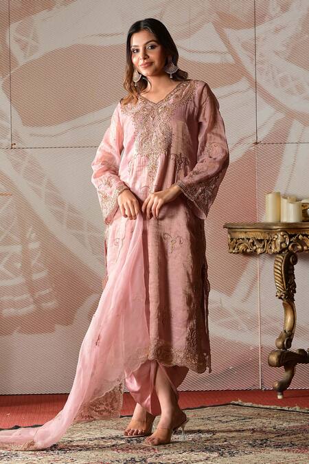 Shop_Farha Syed_Pink Chanderi, Modal, Silk, Organza Cut Work Embroidered Kurta And Dhoti Pant Set _Online_at_Aza_Fashions