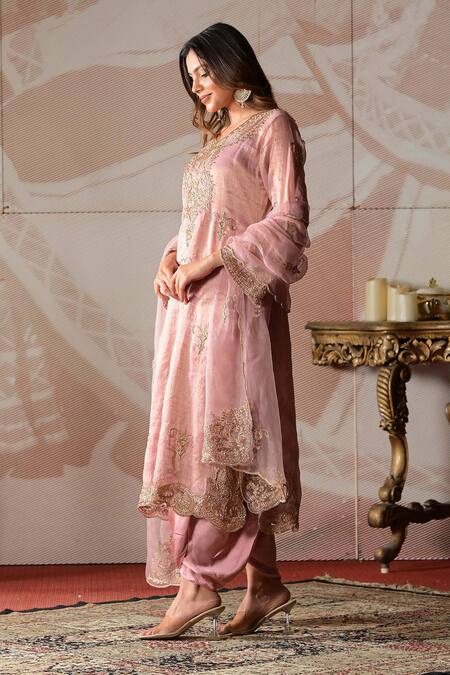Farha Syed_Pink Chanderi, Modal, Silk, Organza Cut Work Embroidered Kurta And Dhoti Pant Set _at_Aza_Fashions