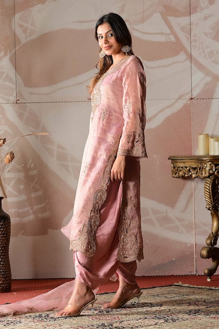 Buy_Farha Syed_Pink Chanderi, Modal, Silk, Organza Cut Work Embroidered Kurta And Dhoti Pant Set 