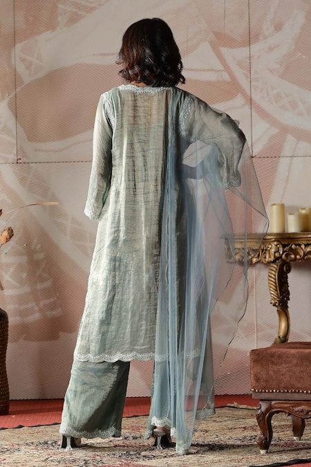 Farha Syed_Blue Chanderi, Organza, Handloom Cotton Zari, Zardosi Embroidered Kurta Pant Set _Online_at_Aza_Fashions