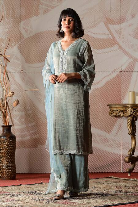 Buy_Farha Syed_Blue Chanderi, Organza, Handloom Cotton Zari, Zardosi Embroidered Kurta Pant Set _Online_at_Aza_Fashions