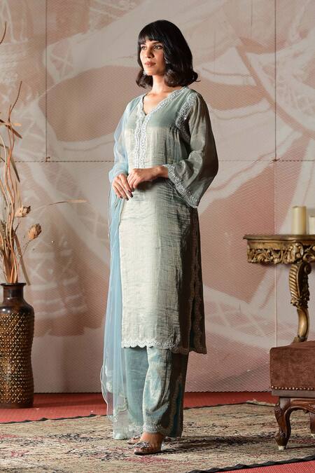Shop_Farha Syed_Blue Chanderi, Organza, Handloom Cotton Zari, Zardosi Embroidered Kurta Pant Set _Online_at_Aza_Fashions
