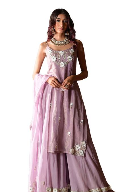 Farha Syed_Pink Chanderi, Organza, Taffeta Cut Work, Embroidered Kurta Layered Sharara Set _Online_at_Aza_Fashions