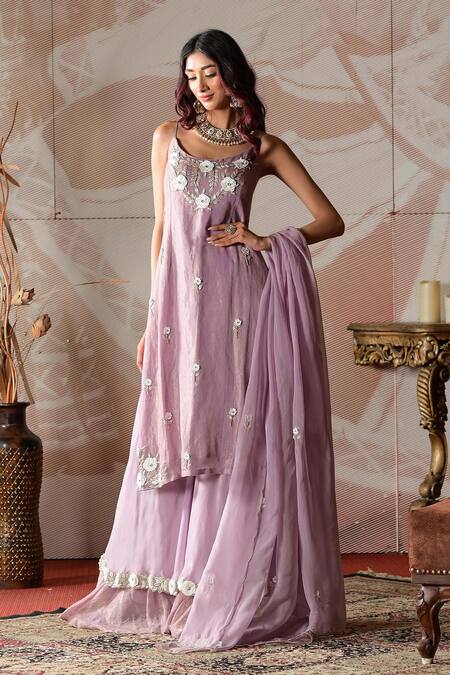Shop_Farha Syed_Pink Chanderi, Organza, Taffeta Cut Work, Embroidered Kurta Layered Sharara Set _Online_at_Aza_Fashions
