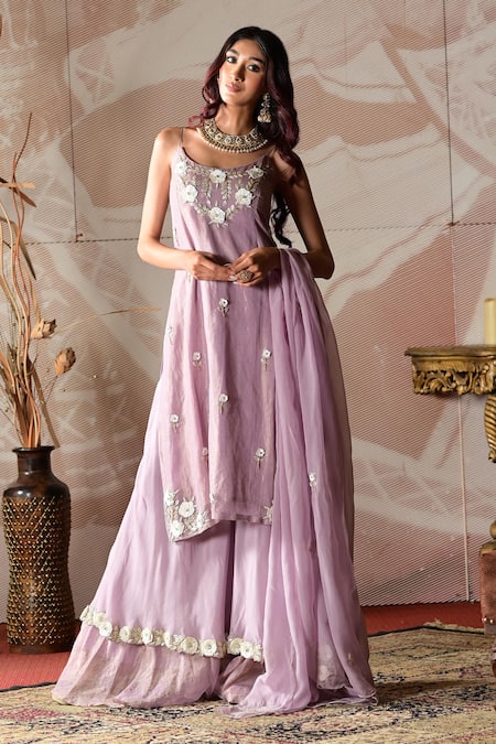 Farha Syed_Pink Chanderi, Organza, Taffeta Cut Work, Embroidered Kurta Layered Sharara Set _at_Aza_Fashions