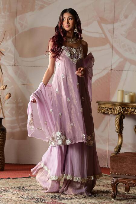 Buy_Farha Syed_Pink Chanderi, Organza, Taffeta Cut Work, Embroidered Kurta Layered Sharara Set 