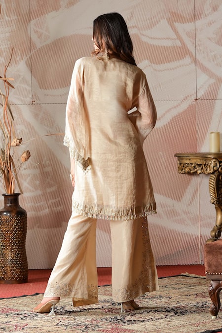 Farha Syed_Ivory Chanderi, Brocade, Linen Mirrors, Cut Work, Embroidery Kurta And Pant Set _Online_at_Aza_Fashions