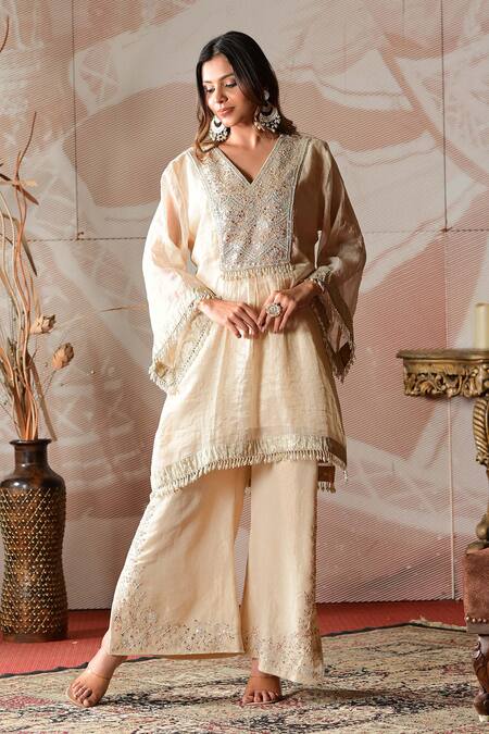Buy_Farha Syed_Ivory Chanderi, Brocade, Linen Mirrors, Cut Work, Embroidery Kurta And Pant Set _Online_at_Aza_Fashions