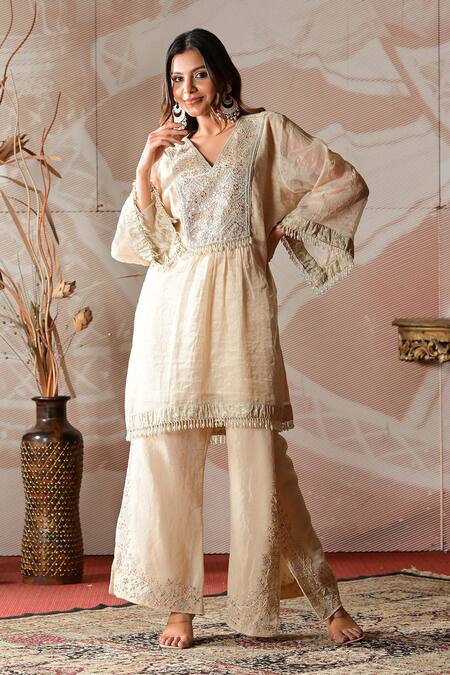 Shop_Farha Syed_Ivory Chanderi, Brocade, Linen Mirrors, Cut Work, Embroidery Kurta And Pant Set _Online_at_Aza_Fashions