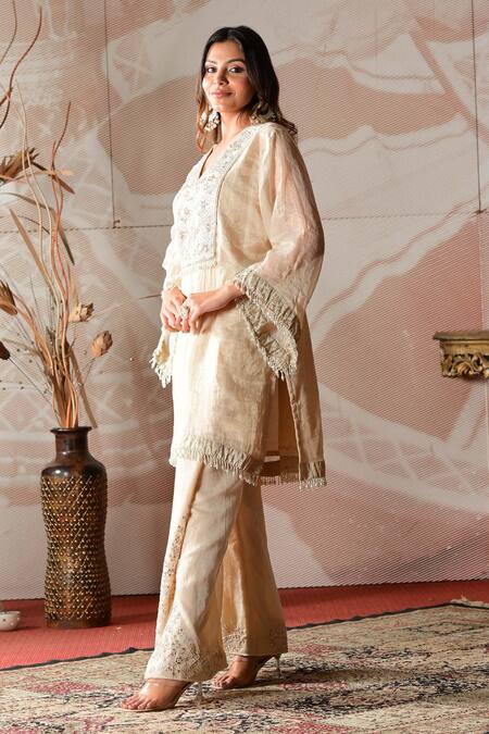 Farha Syed_Ivory Chanderi, Brocade, Linen Mirrors, Cut Work, Embroidery Kurta And Pant Set _at_Aza_Fashions