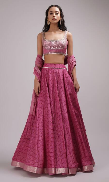 Breathe By Aakanksha Singh_Pink Georgette, Lurex, Silk Sequins Scoop Neck Phila Printed Flared Lehenga Set _Online_at_Aza_Fashions