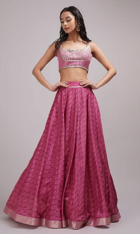 Shop_Breathe By Aakanksha Singh_Pink Georgette, Lurex, Silk Sequins Scoop Neck Phila Printed Flared Lehenga Set _Online_at_Aza_Fashions