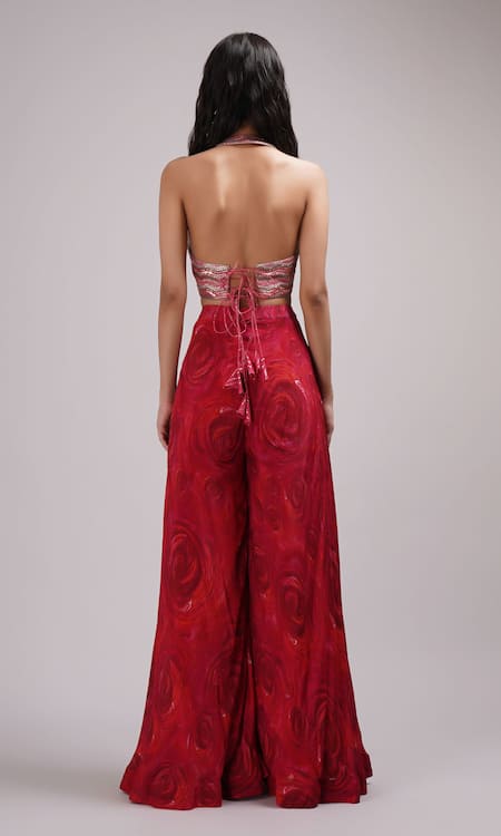 Shop Breathe By Aakanksha Singh Red Chanderi, Lurex, Cotton Sequins Halter Neck Embroidered Crop Top Sharara Set at Aza Fashions Shop_Breathe By Aakanksha Singh_Red Chanderi, Lurex, Cotton Sequins Halter Neck Embroidered Crop Top Sharara Set _at_Aza_Fashions