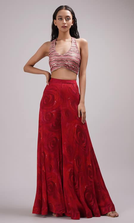 Breathe By Aakanksha Singh Red Chanderi, Lurex, Cotton Sequins Halter Neck Embroidered Crop Top Sharara Set Online at Aza Fashions Breathe By Aakanksha Singh_Red Chanderi, Lurex, Cotton Sequins Halter Neck Embroidered Crop Top Sharara Set _Online_at_Aza_Fashions