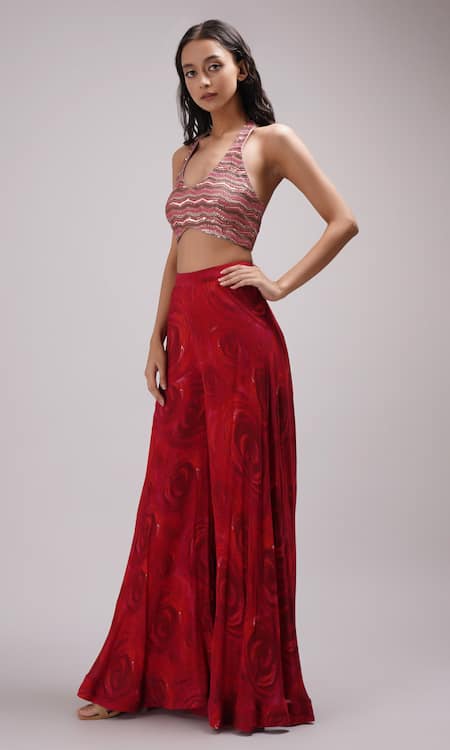 Buy Breathe By Aakanksha Singh Red Chanderi, Lurex, Cotton Sequins Halter Neck Embroidered Crop Top Sharara Set Online at Aza Fashions Buy_Breathe By Aakanksha Singh_Red Chanderi, Lurex, Cotton Sequins Halter Neck Embroidered Crop Top Sharara Set _Online_at_Aza_Fashions