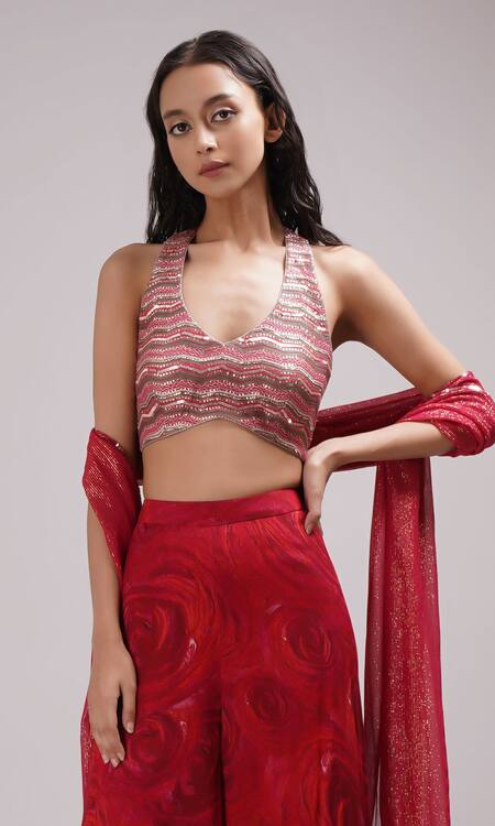 Breathe By Aakanksha Singh Red Chanderi, Lurex, Cotton Sequins Halter Neck Embroidered Crop Top Sharara Set at Aza Fashions Breathe By Aakanksha Singh_Red Chanderi, Lurex, Cotton Sequins Halter Neck Embroidered Crop Top Sharara Set _at_Aza_Fashions