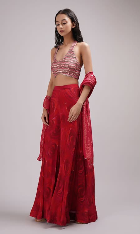 Buy Breathe By Aakanksha Singh Red Chanderi, Lurex, Cotton Sequins Halter Neck Embroidered Crop Top Sharara Set Buy_Breathe By Aakanksha Singh_Red Chanderi, Lurex, Cotton Sequins Halter Neck Embroidered Crop Top Sharara Set