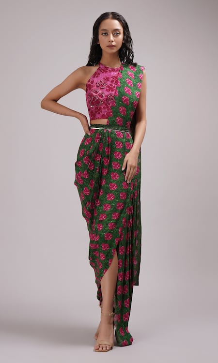 Breathe by Aakanksha Singh Pink Upada Silk Printed Floral Halter Redbud Pre-draped Saree With Blouse