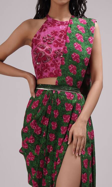 Breathe By Aakanksha Singh_Pink Embroidery Redbud Floral Print Pre-draped Saree With Blouse For Kids_Online_at_Aza_Fashions