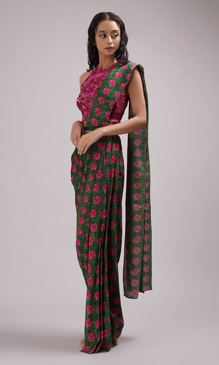 Buy_Breathe By Aakanksha Singh_Pink Embroidery Redbud Floral Print Pre-draped Saree With Blouse For Kids_Online_at_Aza_Fashions