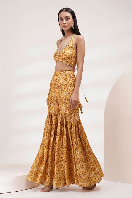 Shop_Breathe By Aakanksha Singh_Yellow Cotton, Silk, Chiffon Shrub Halter Neck Embroidered Crop Top Sharara Set For Kids_Online_at_Aza_Fashions