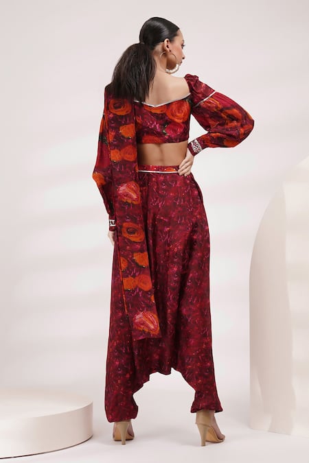 Shop Breathe By Aakanksha Singh Maroon Cotton, Silk Embroidery Silene Printed Pre-draped Dhoti Saree With Blouse at Aza Fashions Shop_Breathe By Aakanksha Singh_Maroon Cotton, Silk Embroidery Silene Printed Pre-draped Dhoti Saree With Blouse _at_Aza_Fashions