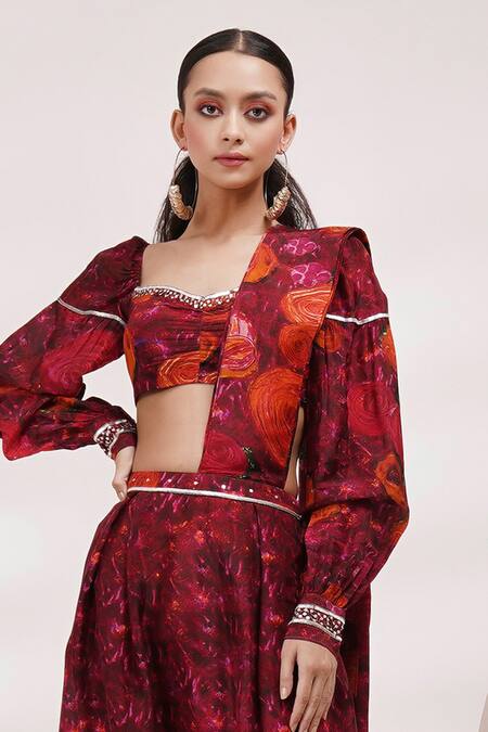 Breathe By Aakanksha Singh Maroon Cotton, Silk Embroidery Silene Printed Pre-draped Dhoti Saree With Blouse Online at Aza Fashions Breathe By Aakanksha Singh_Maroon Cotton, Silk Embroidery Silene Printed Pre-draped Dhoti Saree With Blouse _Online_at_Aza_Fashions