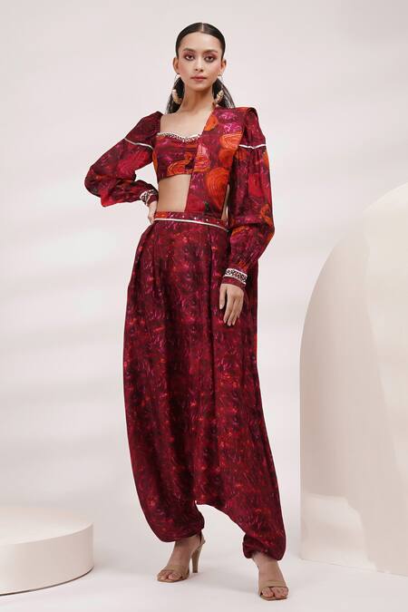 Shop Breathe By Aakanksha Singh Maroon Cotton, Silk Embroidery Silene Printed Pre-draped Dhoti Saree With Blouse Online at Aza Fashions Shop_Breathe By Aakanksha Singh_Maroon Cotton, Silk Embroidery Silene Printed Pre-draped Dhoti Saree With Blouse _Online_at_Aza_Fashions