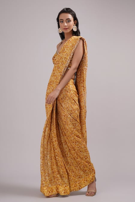 Breathe By Aakanksha Singh_Yellow Georgette Halter Neck Sita Printed Pre-draped Saree With Blouse _Online_at_Aza_Fashions