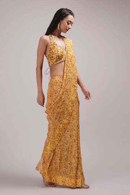 Buy_Breathe By Aakanksha Singh_Yellow Georgette Halter Neck Sita Printed Pre-draped Saree With Blouse _Online_at_Aza_Fashions