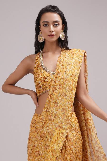 Shop_Breathe By Aakanksha Singh_Yellow Georgette Halter Neck Sita Printed Pre-draped Saree With Blouse _Online_at_Aza_Fashions