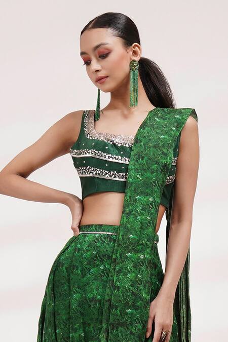 Breathe By Aakanksha Singh Green Cotton, Silk Sequins Summer Printed Pre-draped Dhoti Saree With Blouse Online at Aza Fashions Breathe By Aakanksha Singh_Green Cotton, Silk Sequins Summer Printed Pre-draped Dhoti Saree With Blouse _Online_at_Aza_Fashions