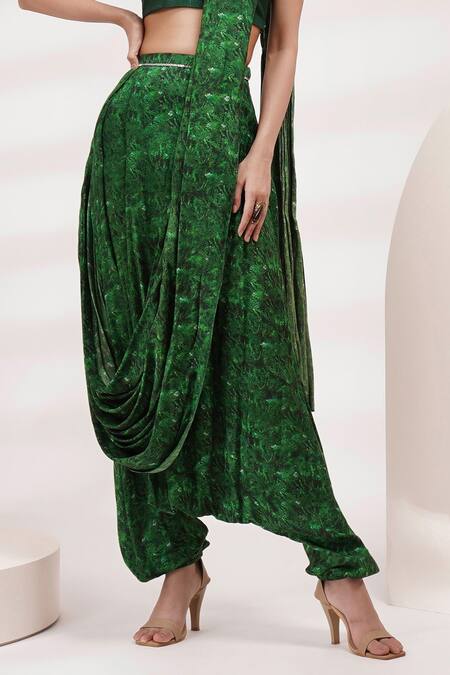 Buy Breathe By Aakanksha Singh Green Cotton, Silk Sequins Summer Printed Pre-draped Dhoti Saree With Blouse Online at Aza Fashions Buy_Breathe By Aakanksha Singh_Green Cotton, Silk Sequins Summer Printed Pre-draped Dhoti Saree With Blouse _Online_at_Aza_Fashions