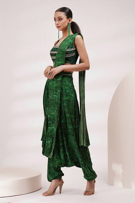 Shop Breathe By Aakanksha Singh Green Cotton, Silk Sequins Summer Printed Pre-draped Dhoti Saree With Blouse Online at Aza Fashions Shop_Breathe By Aakanksha Singh_Green Cotton, Silk Sequins Summer Printed Pre-draped Dhoti Saree With Blouse _Online_at_Aza_Fashions