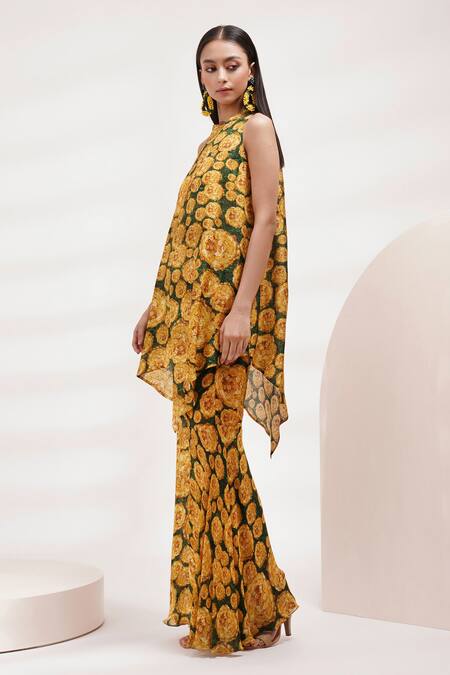 Shop_Breathe By Aakanksha Singh_Yellow Cotton, Silk Susan Asymmetric Printed Tunic And Sharara Set For Kids_Online_at_Aza_Fashions