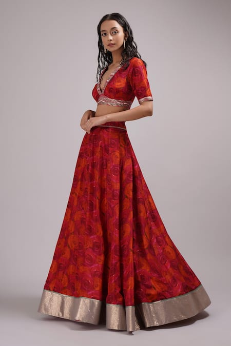 Breathe By Aakanksha Singh_Red Chanderi, Lurex, Cotton, Georgette Thia Abstract Rose Print Lehenga Set _Online_at_Aza_Fashions