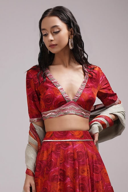 Buy_Breathe By Aakanksha Singh_Red Chanderi, Lurex, Cotton, Georgette Thia Abstract Rose Print Lehenga Set _Online_at_Aza_Fashions