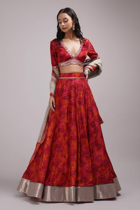 Shop_Breathe By Aakanksha Singh_Red Chanderi, Lurex, Cotton, Georgette Thia Abstract Rose Print Lehenga Set _Online_at_Aza_Fashions