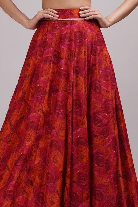 Breathe By Aakanksha Singh_Red Chanderi, Lurex, Cotton, Georgette Thia Abstract Rose Print Lehenga Set _at_Aza_Fashions