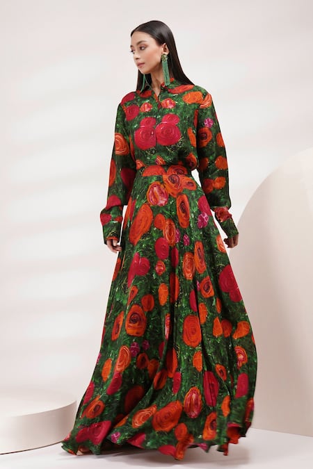 Breathe by Aakanksha Singh Multi Color Upada Silk Printed Abstract Rose Collared Tree Shirt And Skirt Set 