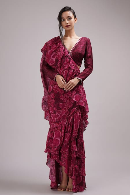 Breathe by Aakanksha Singh Winkle Printed Pre-Draped Ruffle Saree With Blouse 