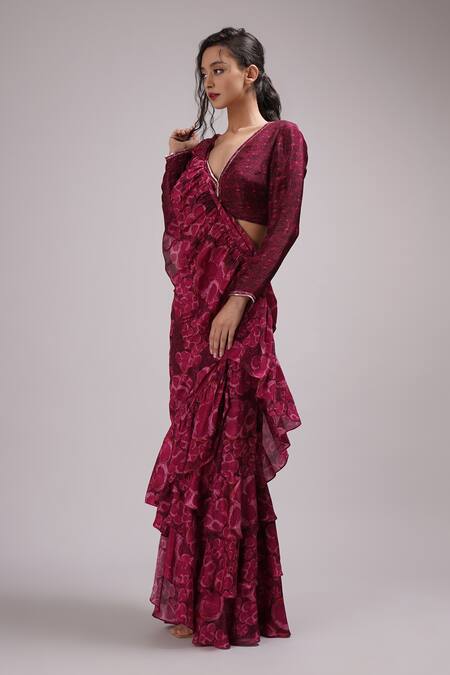 Buy_Breathe By Aakanksha Singh_Purple Cotton, Silk V-neck Winkle Printed Pre-draped Ruffle Saree With Blouse _Online_at_Aza_Fashions