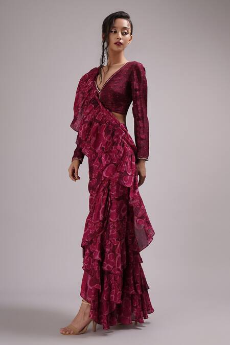 Shop_Breathe By Aakanksha Singh_Purple Cotton, Silk V-neck Winkle Printed Pre-draped Ruffle Saree With Blouse _Online_at_Aza_Fashions