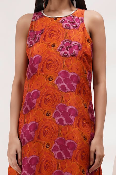 Breathe By Aakanksha Singh_Orange Organza, Cotton Embroidery Round Neck Yarrow Floral Print Kurta Pant Set _Online_at_Aza_Fashions