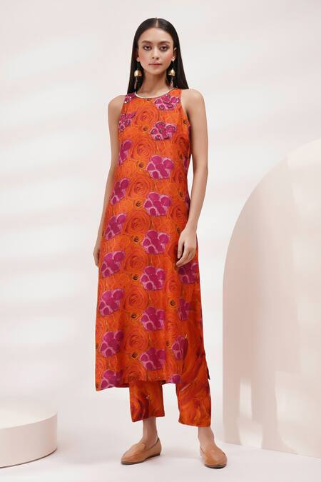 Shop_Breathe By Aakanksha Singh_Orange Organza, Cotton Embroidery Round Neck Yarrow Floral Print Kurta Pant Set _Online_at_Aza_Fashions