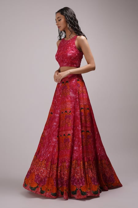 Buy_Breathe By Aakanksha Singh_Orange Silk, Chiffon Sequins, Embroidery Floortie Floral Print Lehenga Set For Kids_Online_at_Aza_Fashions