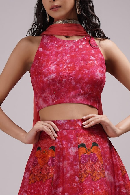 Shop_Breathe By Aakanksha Singh_Orange Silk, Chiffon Sequins, Embroidery Floortie Floral Print Lehenga Set For Kids_Online_at_Aza_Fashions