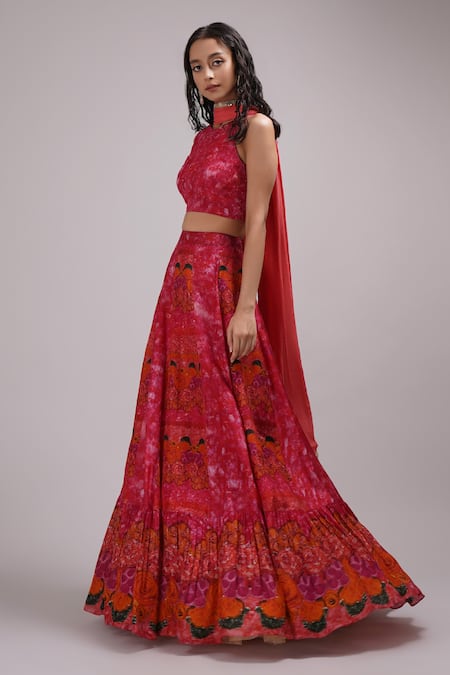 Breathe By Aakanksha Singh_Orange Silk, Chiffon Sequins, Embroidery Floortie Floral Print Lehenga Set For Kids_at_Aza_Fashions